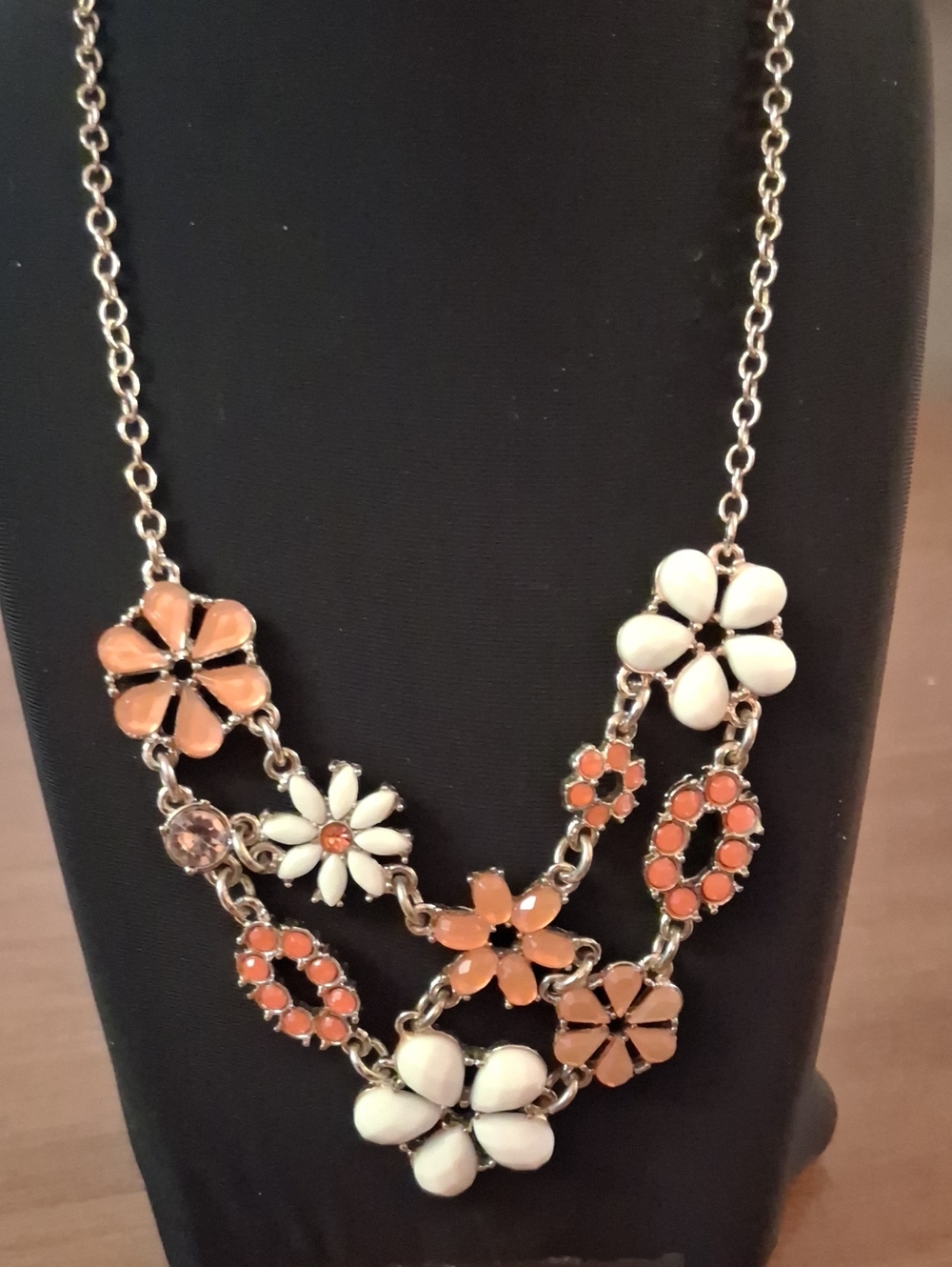 Fashion Floral Statement Necklace in Peach and White Gold Tone 16" Chain